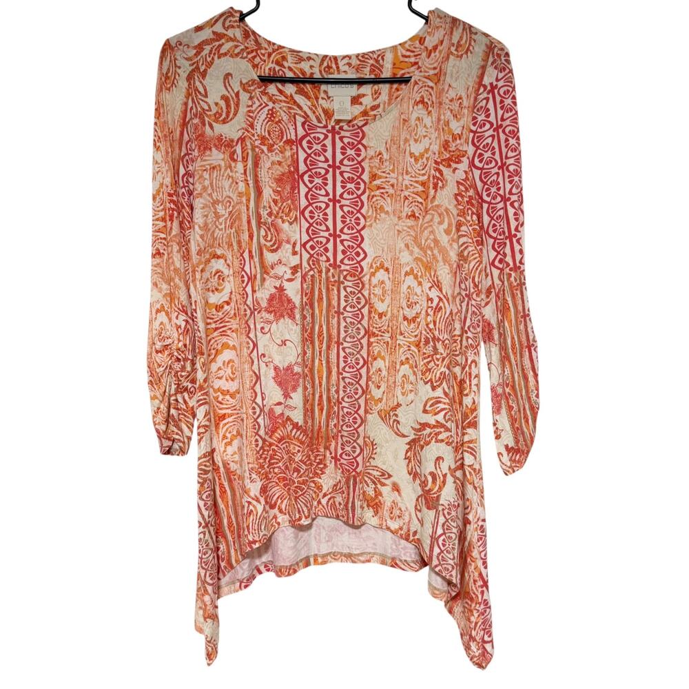 CHICO'S Abstract Paisley Asymmetrical Tunic Top Size Small Orange Pink